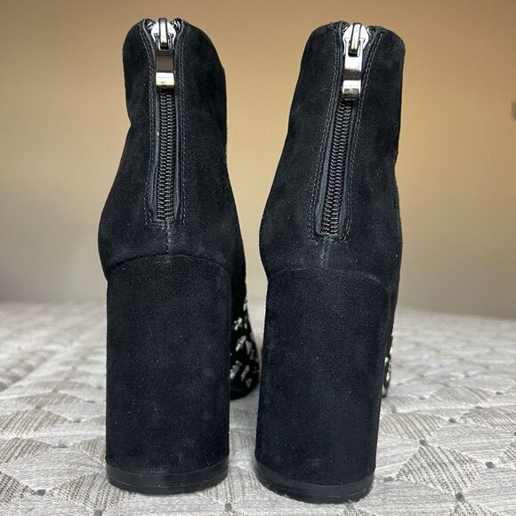 Bywin Black Suede Block Heel Ankle Booties Mirror Like Accents Women US 6.5  Zip - Picture 11 of 16